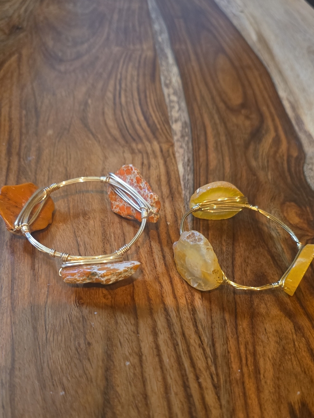 2 Handmade Orange & Yellow Gemstone Wire Wrap Bracelets